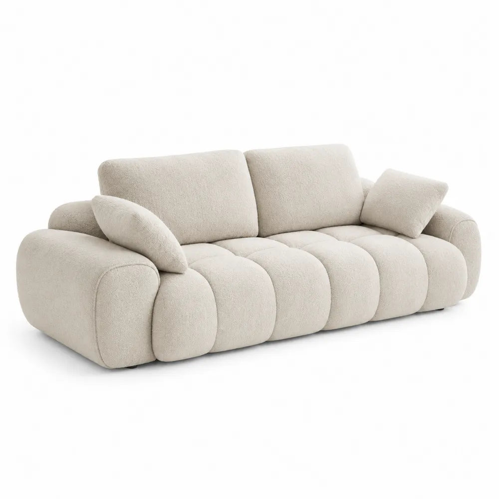 Divano 3 posti in tessuto bouclé colore beige struttura imbottita con cuscini integrati dimensioni 220 cm x 95 cm x 85 cm