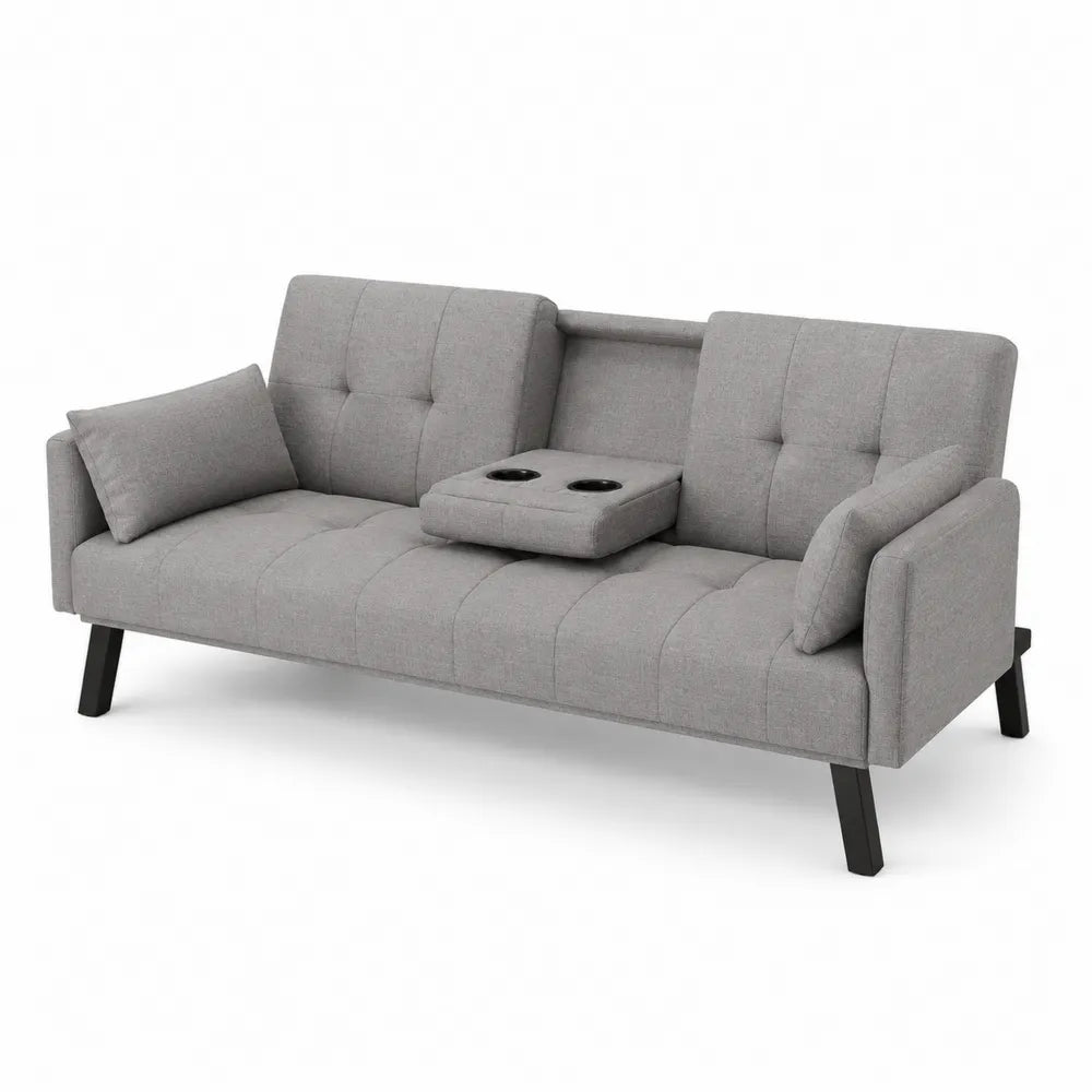 Divano 3 posti 200 cm x 90 cm x 85 cm in tessuto poliestere grigio con portabicchieri centrale e gambe in legno e metallo nero
