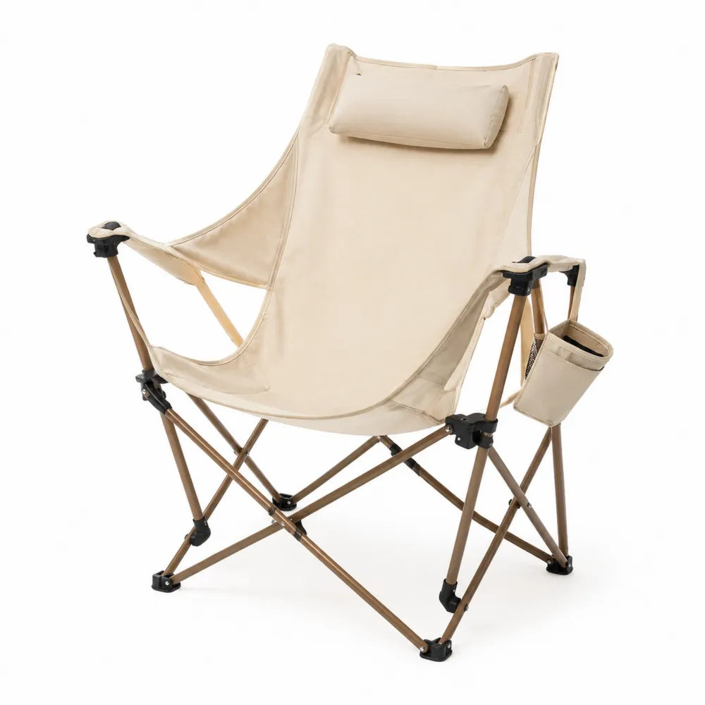 Sedia pieghevole da esterno in alluminio e tessuto poliestere con tasca laterale e cuscino beige