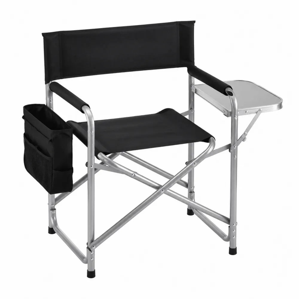 Sedia da regista pieghevole da esterno in alluminio e tessuto Oxford poliestere con tavolino laterale e tasca portaoggetti nero argento 55 x 50 x 85 cm