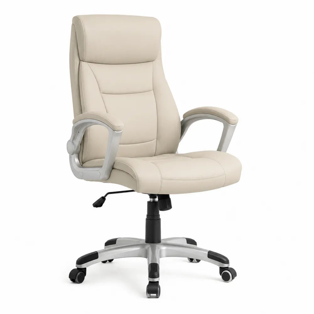 Sedia da ufficio girevole 65 cm x 65 cm x 110 cm rivestimento in PU beige base in acciaio con ruote e braccioli imbottiti
