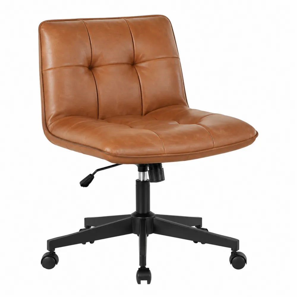 Sedia da ufficio girevole regolabile in altezza senza braccioli rivestimento in PU marrone trapuntato base nera con ruote 60 x 60 x 85-95 cm