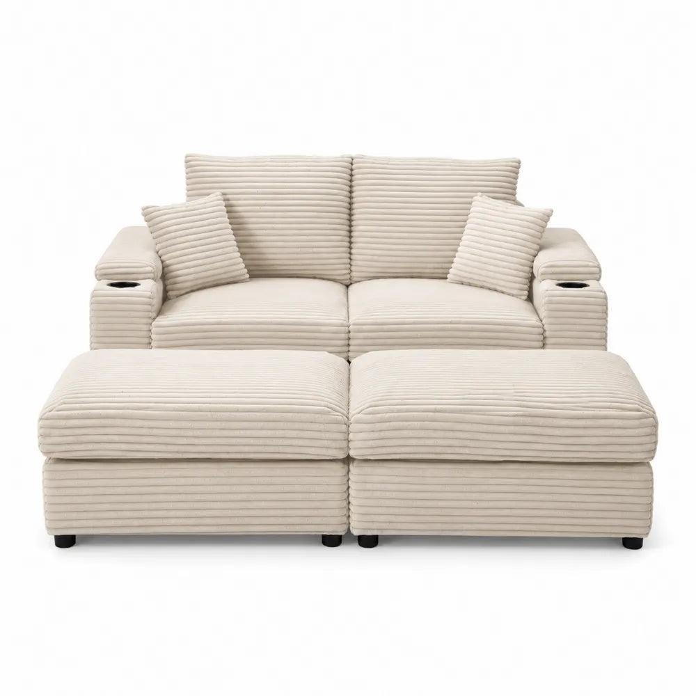 Divano modulare a L 240 x 160 x 85 cm in tessuto poliestere a coste beige con chaise longue e portabicchieri integrati