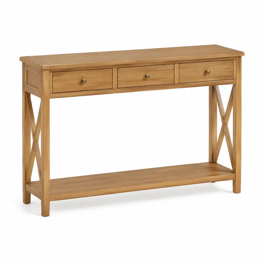 consolle soggiorno 3 cassetti ripiano inferiore MDF impiallacciato rovere gambe legno massello struttura a X rovere naturale 120 cm altezza 80 cm profondità 35 cm