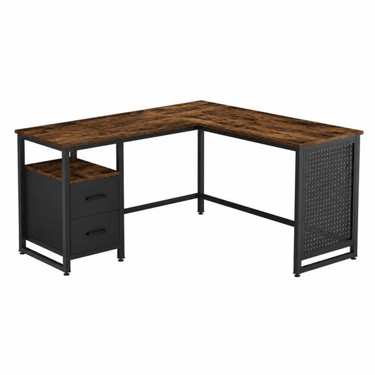 Scrivania angolare a L con 2 cassetti e pannello forato in truciolare melaminico effetto noce scuro e acciaio nero 160 x 120 x 75 cm