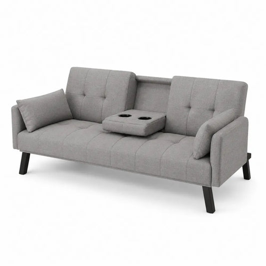 Divano 3 posti 200 cm x 90 cm x 85 cm in tessuto poliestere grigio con portabicchieri centrale e gambe in legno e metallo nero