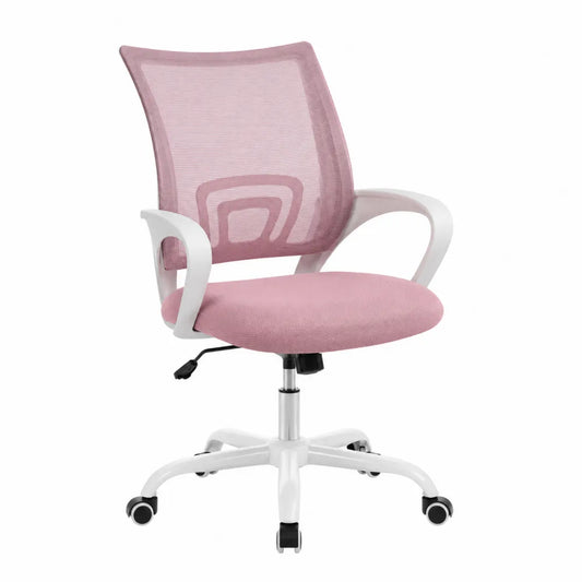 Sedia da ufficio girevole regolabile in altezza con schienale in rete poliestere rosa braccioli fissi base in nylon bianco 60 x 60 x 90-100 cm