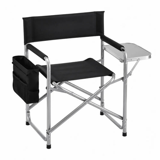Sedia da regista pieghevole da esterno in alluminio e tessuto Oxford poliestere con tavolino laterale e tasca portaoggetti nero argento 55 x 50 x 85 cm