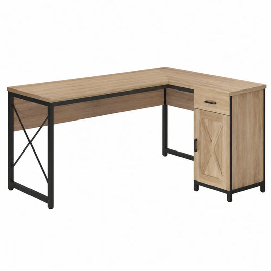 Scrivania angolare a L con mobile contenitore cassetto e anta in MDF effetto rovere naturale e acciaio nero 140 x 120 x 75 cm