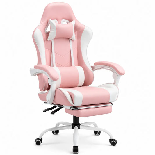 Sedia da ufficio gaming girevole regolabile in altezza con poggiapiedi rivestimento in PU rosa e bianco base a cinque razze 70 x 70 x 120-130 cm