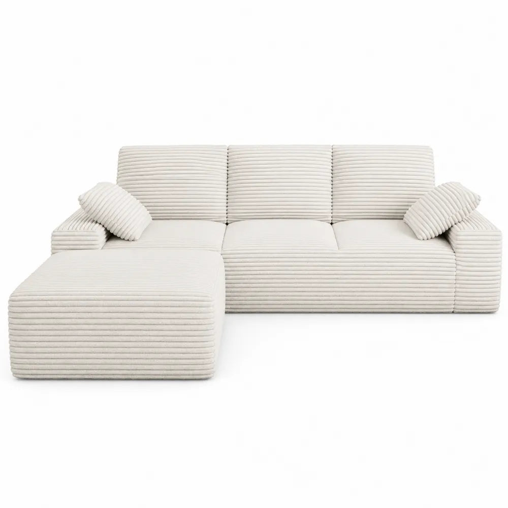 Divano modulare 280 cm x 160 cm x 85 cm in velluto a coste poliestere colore beige con chaise longue e cuscini rimovibili struttura in legno ingegnerizzato