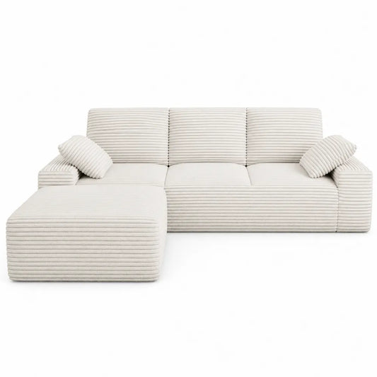 Divano modulare 280 cm x 160 cm x 85 cm in velluto a coste poliestere colore beige con chaise longue e cuscini rimovibili struttura in legno ingegnerizzato