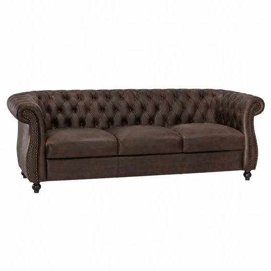 Divano 3 posti stile Chesterfield in rivestimento effetto pelle marrone struttura in legno con piedini in legno dimensioni 220 cm x 90 cm x 80 cm