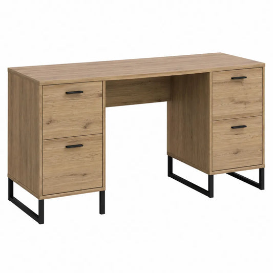 Scrivania rettangolare con doppia cassettiera 4 cassetti in truciolare effetto rovere naturale e struttura in acciaio nero 140 x 60 x 75 cm
