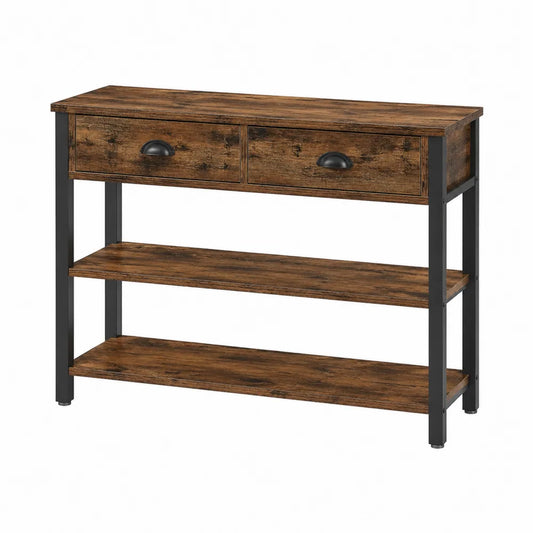 Consolle 120 cm x 40 cm x 80 cm in MDF effetto legno rustico con struttura in acciaio nero 2 cassetti e 2 ripiani