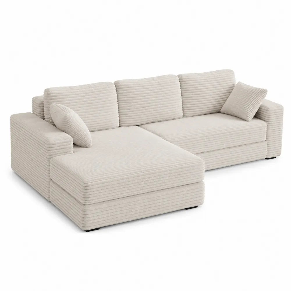 Divano angolare con chaise longue in tessuto effetto velluto a coste colore beige struttura in legno imbottitura in schiuma