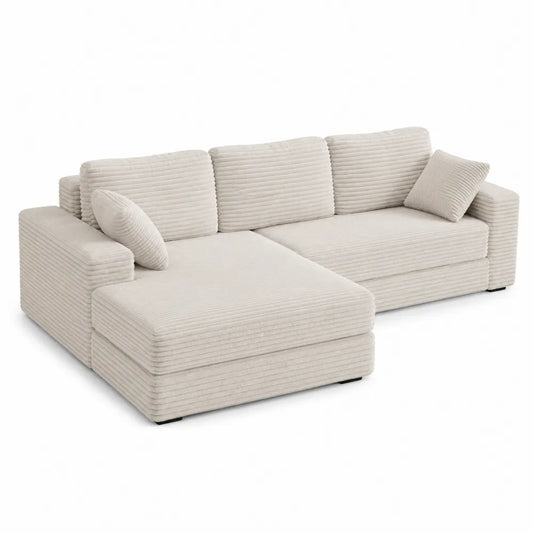 Divano angolare con chaise longue in tessuto effetto velluto a coste colore beige struttura in legno imbottitura in schiuma