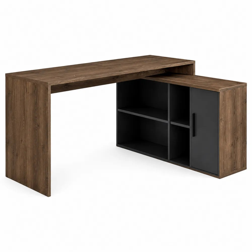 Scrivania angolare a L 140 x 120 x 75 cm in truciolare melaminico effetto noce scuro e nero con modulo contenitore laterale