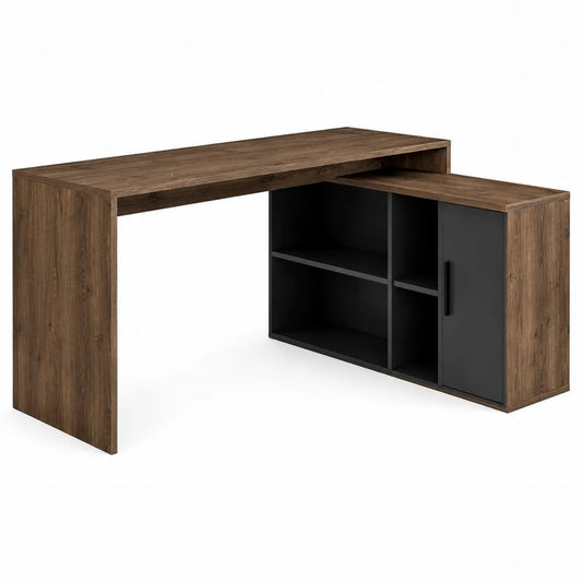 Scrivania angolare a L 140 x 120 x 75 cm in truciolare melaminico effetto noce scuro e nero con modulo contenitore laterale