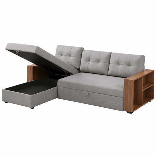 Divano letto angolare 220 cm x 140 cm x 85 cm in tessuto poliestere grigio con chaise longue contenitore e struttura in legno con ripiani laterali