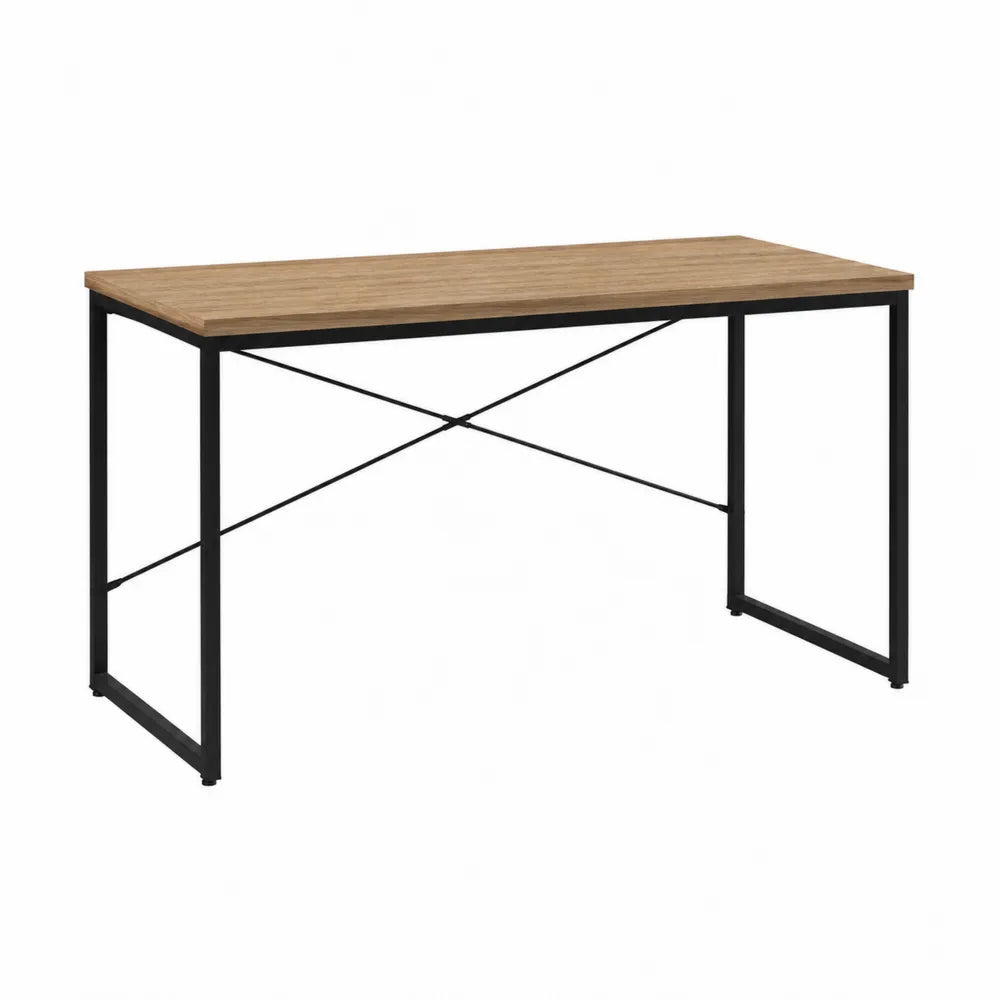 Scrivania da ufficio 120 cm x 60 cm x 75 cm piano in MDF effetto rovere struttura in acciaio nero con rinforzo a croce