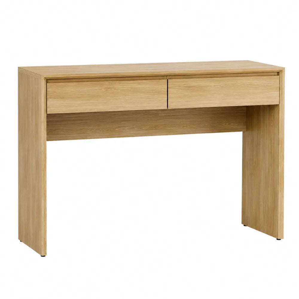 Scrivania da ufficio 120 cm x 50 cm x 75 cm in MDF effetto rovere naturale con 2 cassetti e vano centrale aperto struttura rettangolare