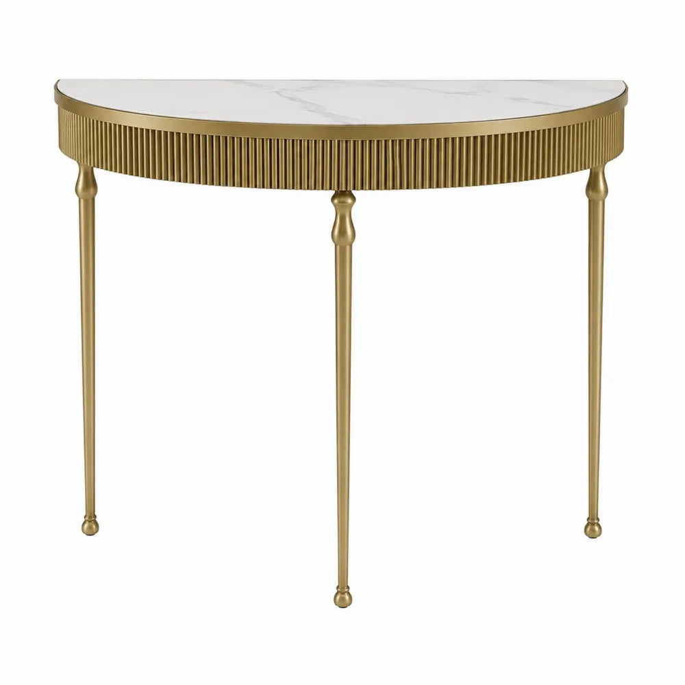 Tavolo consolle 120 x 40 x 80 cm piano effetto marmo bianco struttura in metallo dorato forma semicircolare design moderno