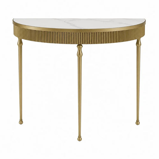 Tavolo consolle 120 x 40 x 80 cm piano effetto marmo bianco struttura in metallo dorato forma semicircolare design moderno
