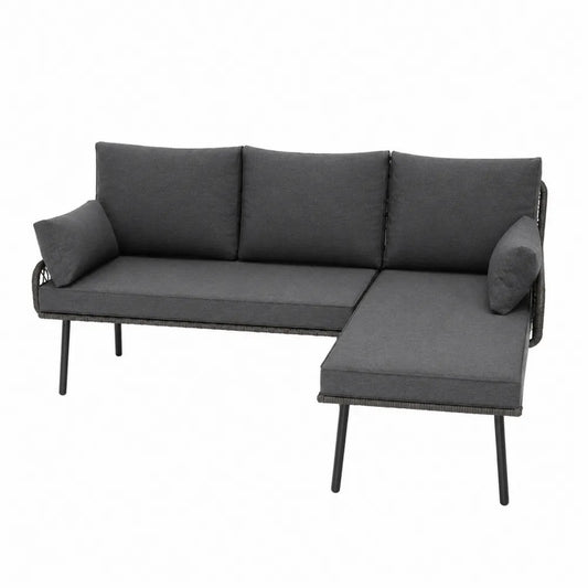 Divano angolare a L 240 x 150 x 85 cm in tessuto poliestere grigio scuro con chaise longue e gambe in metallo nero